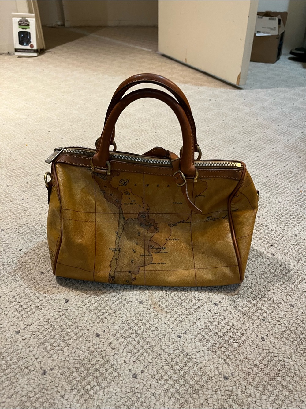 Alviero Martini Leather Vintage Style World Map-Print Shoulder Bag.